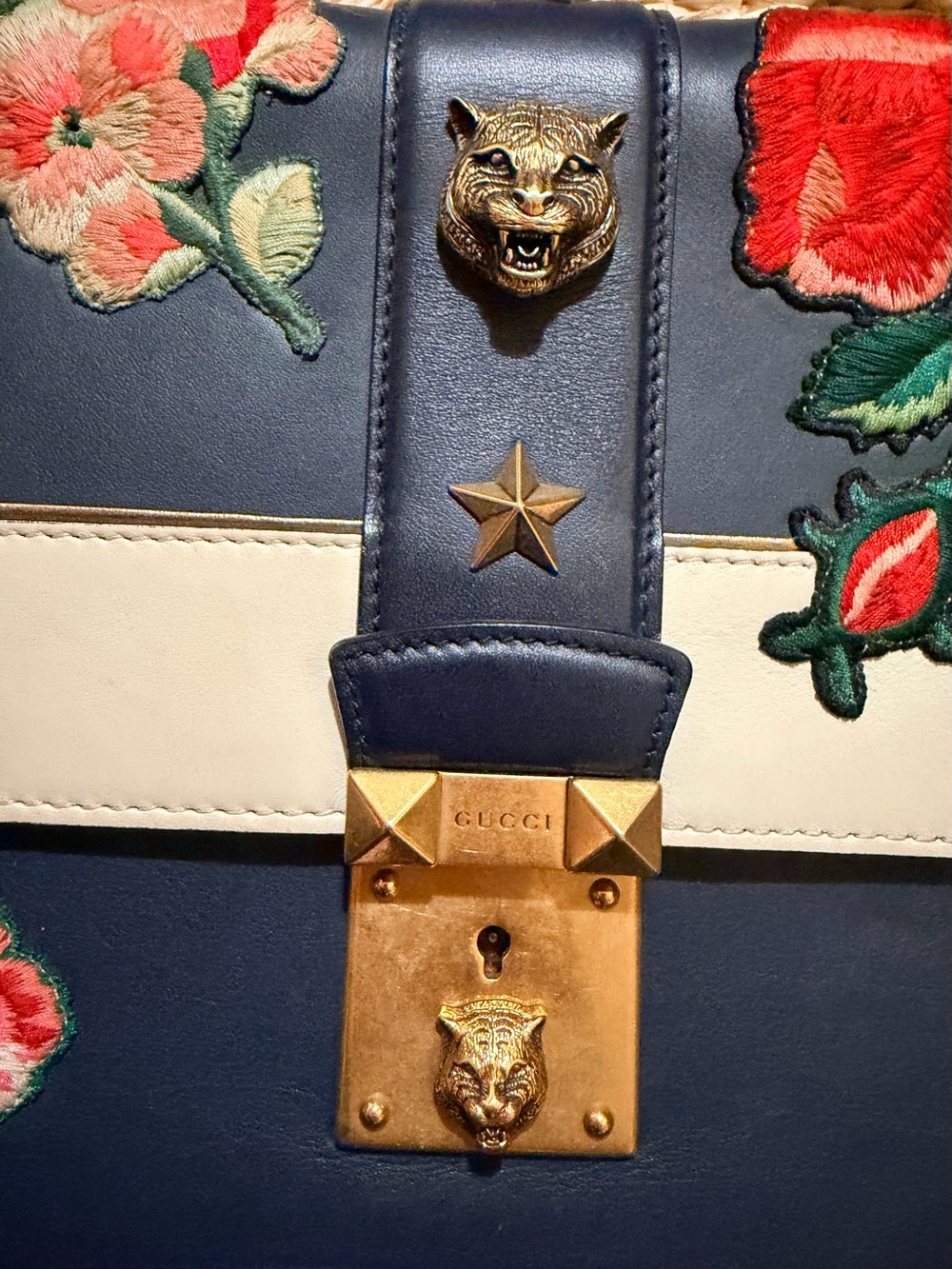Gucci Blue Leather Striped Embroidered Riche Shoulder Bag - Picture 11 of 16
